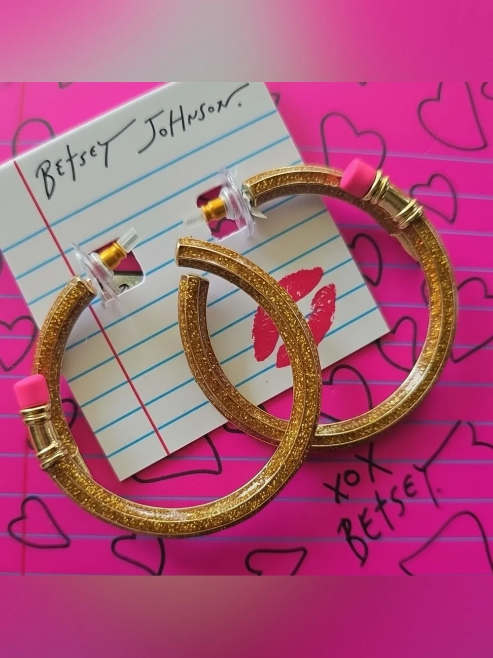 ✨ NIB Betsey Johnson Book Smart Gold Glitter Pencil Hoop Earrings ✨